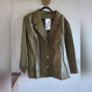 Olive Green Leather Jacket Blazer Jessica London Plus Size 30 30W Womens